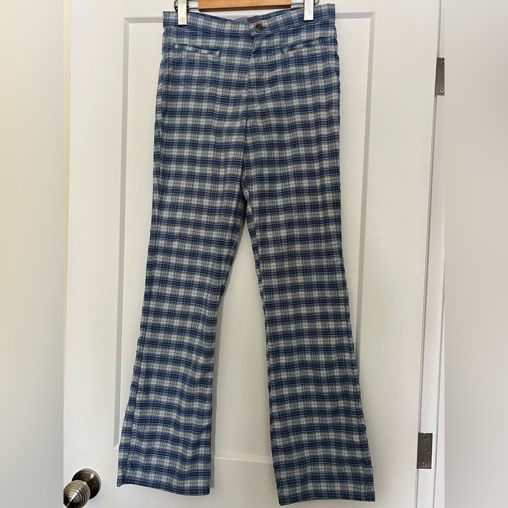 Vintage Cotton Check Flare Mid-Rise Blue White Made in Canada Pants 28